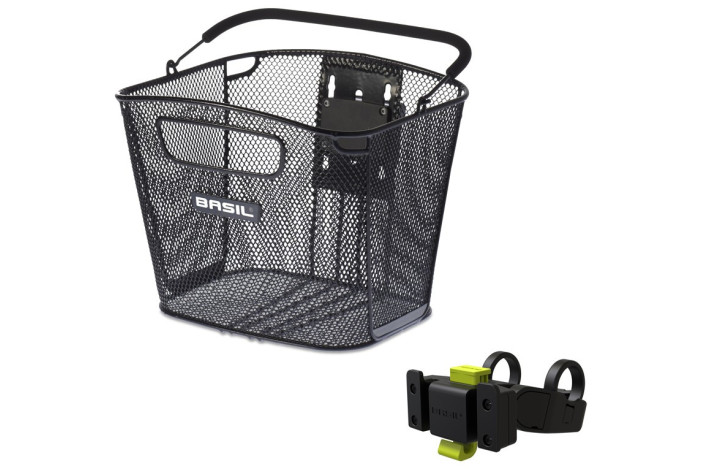 Kosz na kierownicę BASIL BOLD FRONT KF + KLICKFIX ADAPTER + HANDLEBAR HOLDER ( śr.25-31,8mm) odpinany stalowy czarny (NEW)