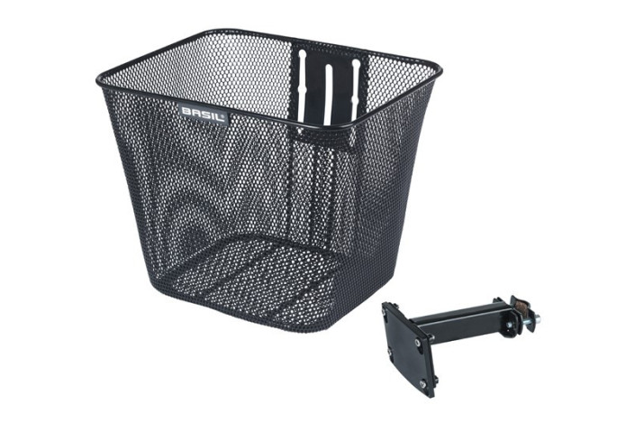 Kosz na kierownicę BASIL BILBAO, Fixed ze wspornikiem do mocowania na główce ramy 22-25,4mm Ø, Stalowy, Czarny (NEW 2025)