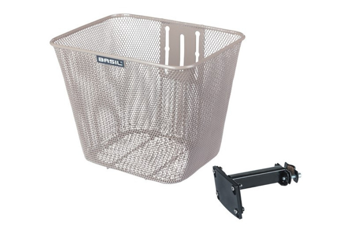 Kosz na kierownicę BASIL BILBAO, Fixed ze wspornikime do mocowania na główce ramy 22-25,4mm Ø, Stalowy, Nude Metallic (NEW 2025)