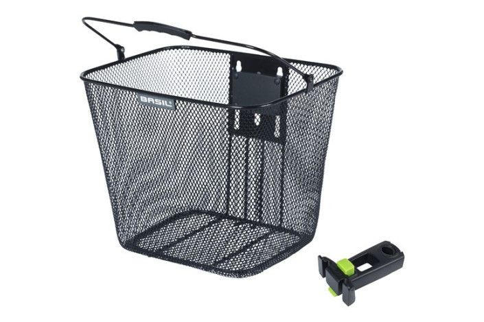 Kosz na kierownicę BASIL BILBAO, KlickFix ze wspornikiem do mocowania na główce ramy, Stalowy, Czarny (NEW 2025)