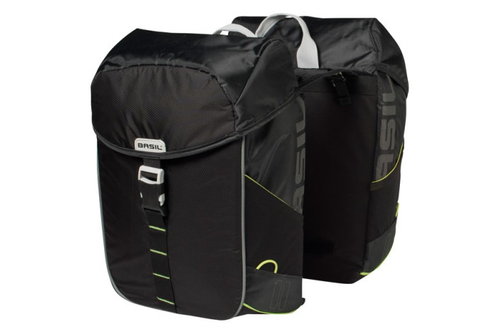 Sakwa miejska podwójna BASIL MILES TARPAULIN DOUBLE PANNIER BAG 34L, Universal Bridge System, 100% wodoodporna black lime (NEW)