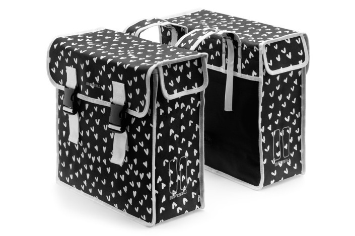 Sakwa miejska podwójna BASIL MARA XL 35L, mocowanie na paski, wodoodporna czarna heart dots (NEW)