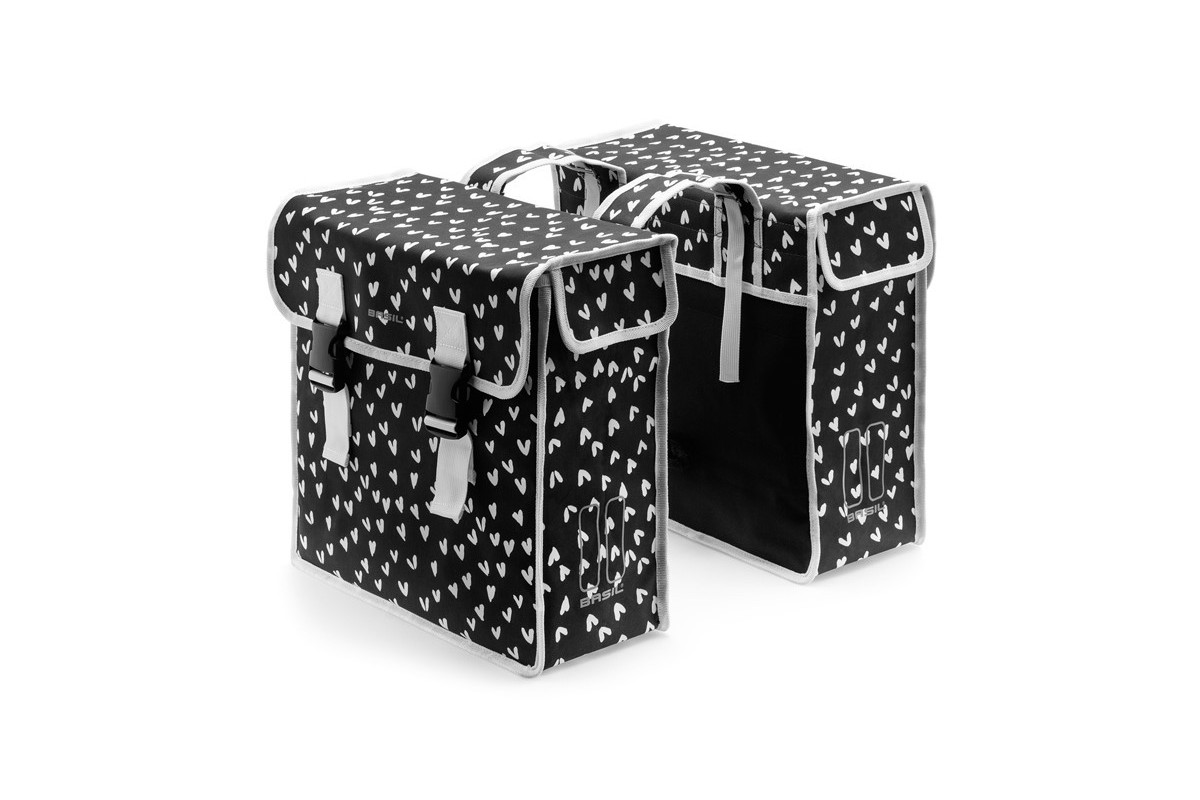 Sakwa miejska podwójna BASIL MARA XL 35L, mocowanie na paski, wodoodporna czarna heart dots (NEW) Sakwa miejska podwójna BASIL MARA XL 35L, mocowanie na paski, wodoodporna czarna heart dots (NEW)